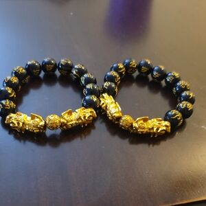 Bundle of 2 Gold and Black Beaded Dragon Bracelet